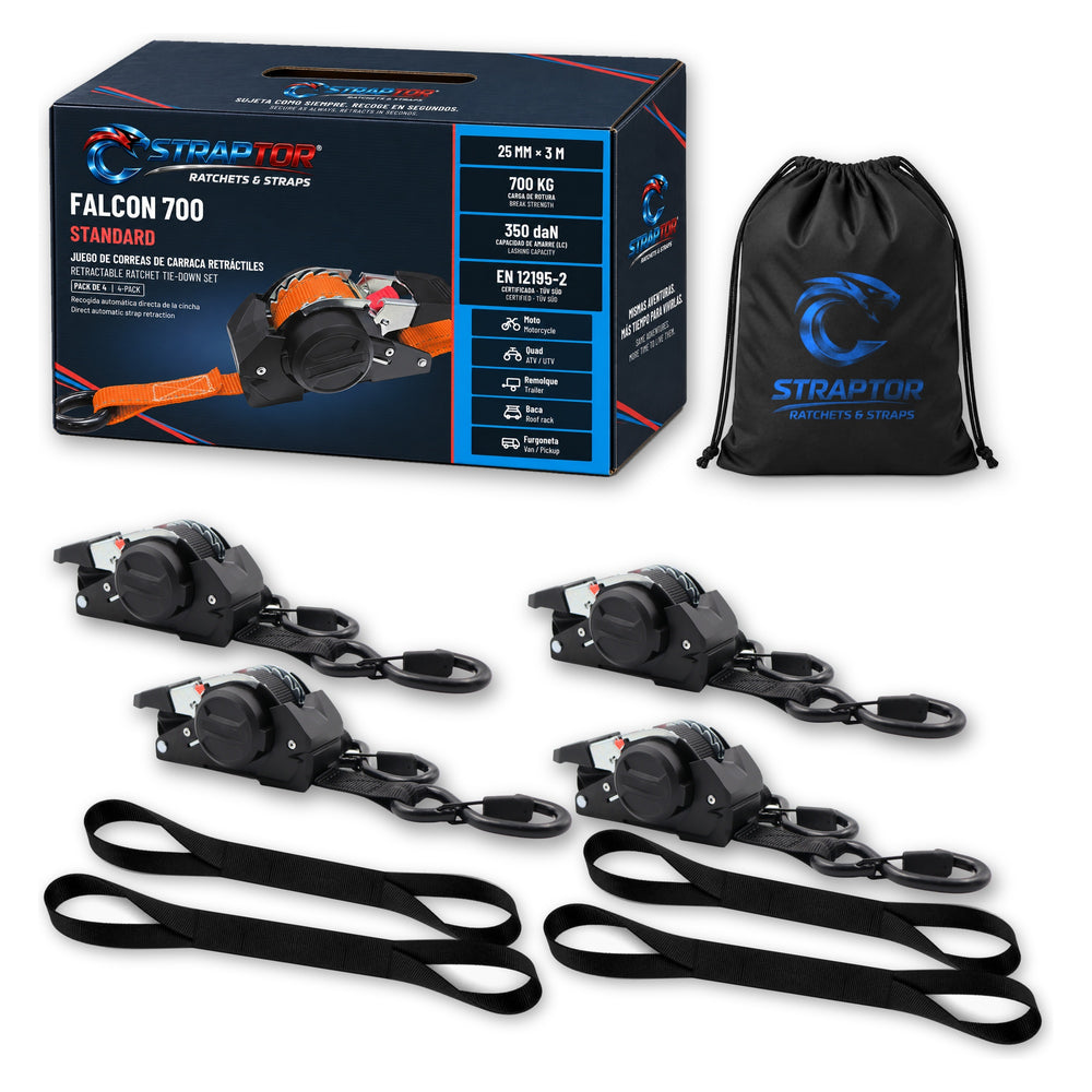 STRAPTOR Falcon 700 Standard, pack de 4 correas con carraca de recogida automática y contenido